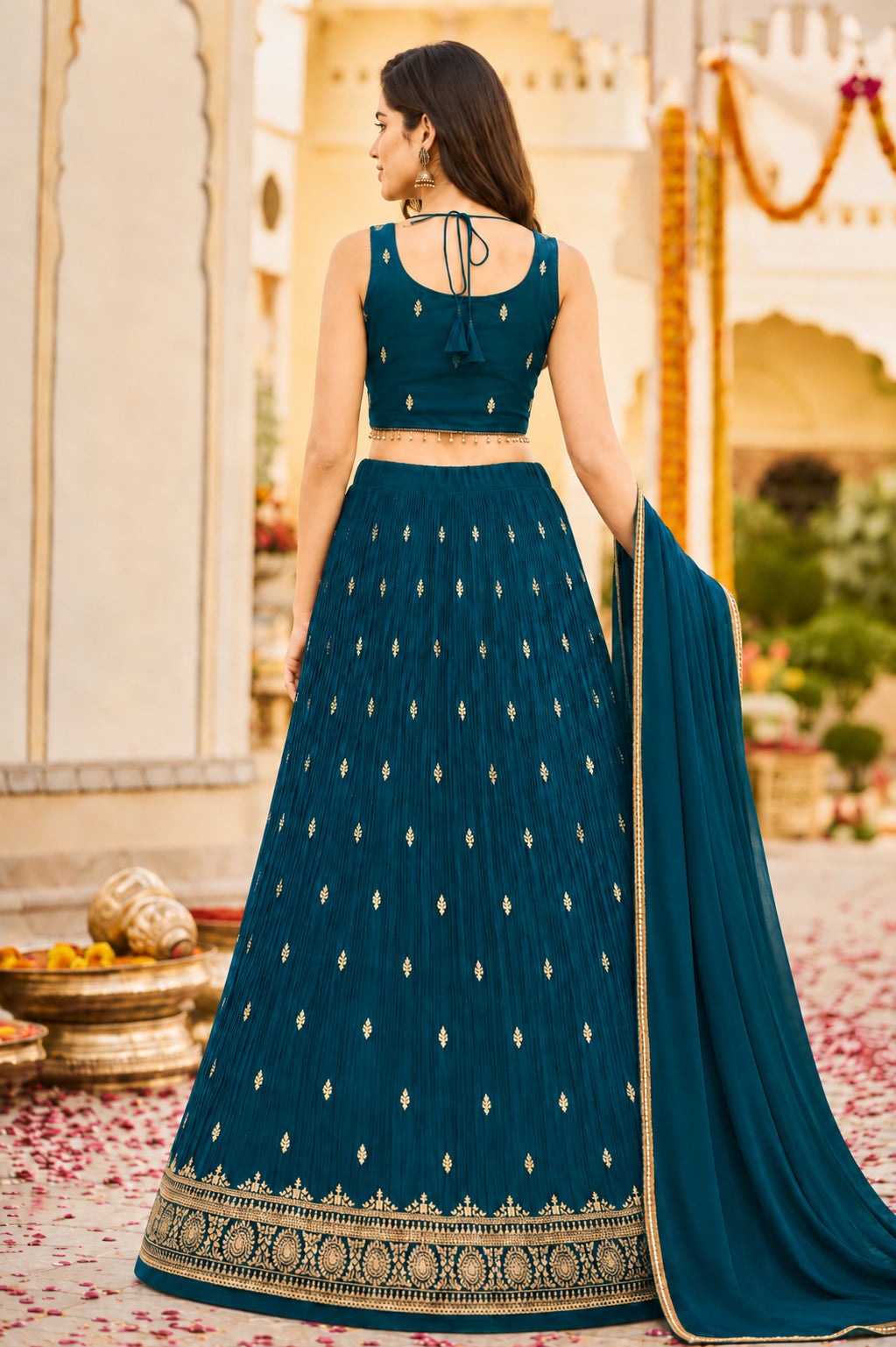 Teal Blue Embroidered Festive Lehenga Choli Set with Dupatta