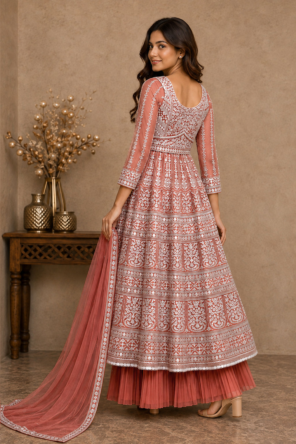 Terracotta Orange Embroidered Anarkali Kurta Set with Pleated Skirt & Organza Dupatta