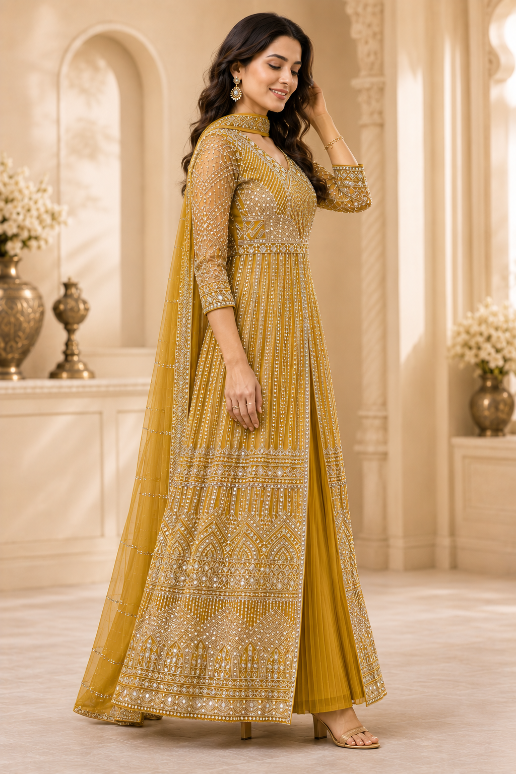 Yellow Mirror-Embroidered Anarkali Set with Dupatta