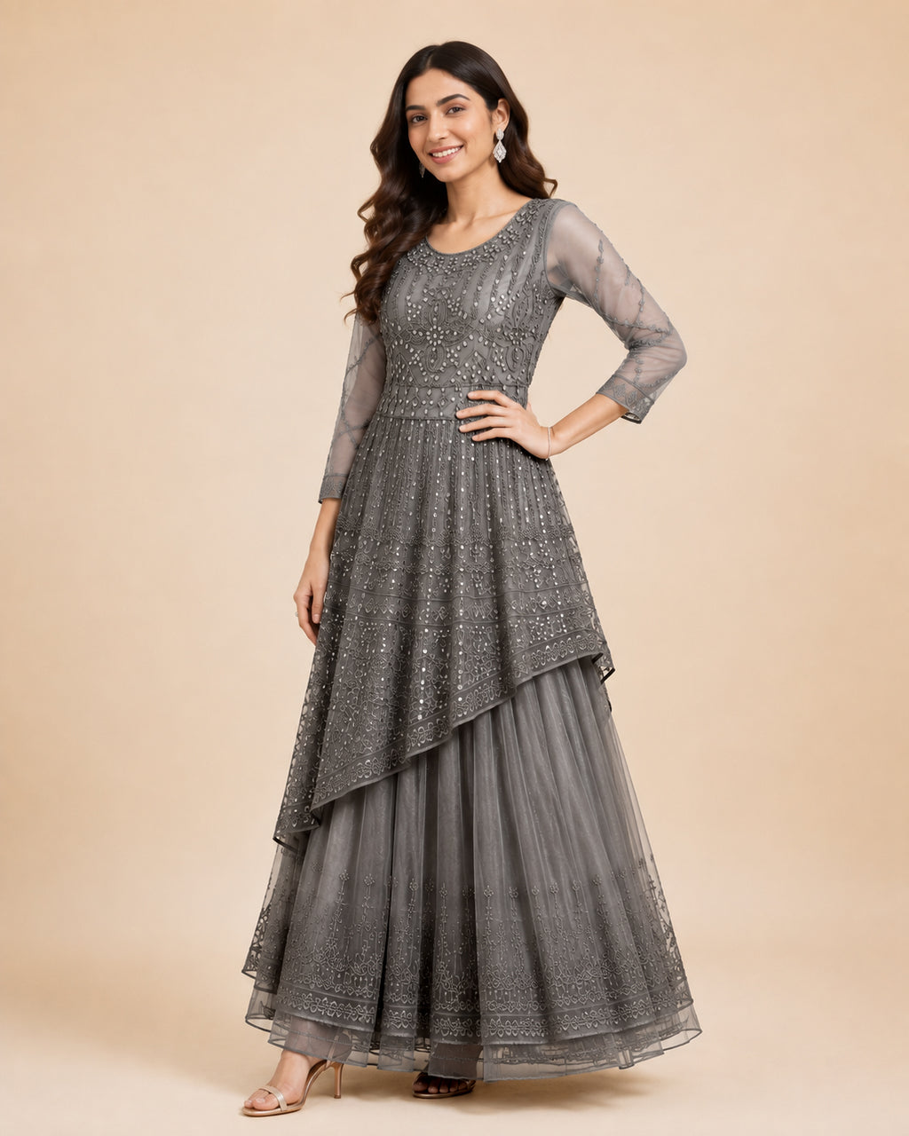 Embroidered Asymmetric Kurta & Flared Skirt