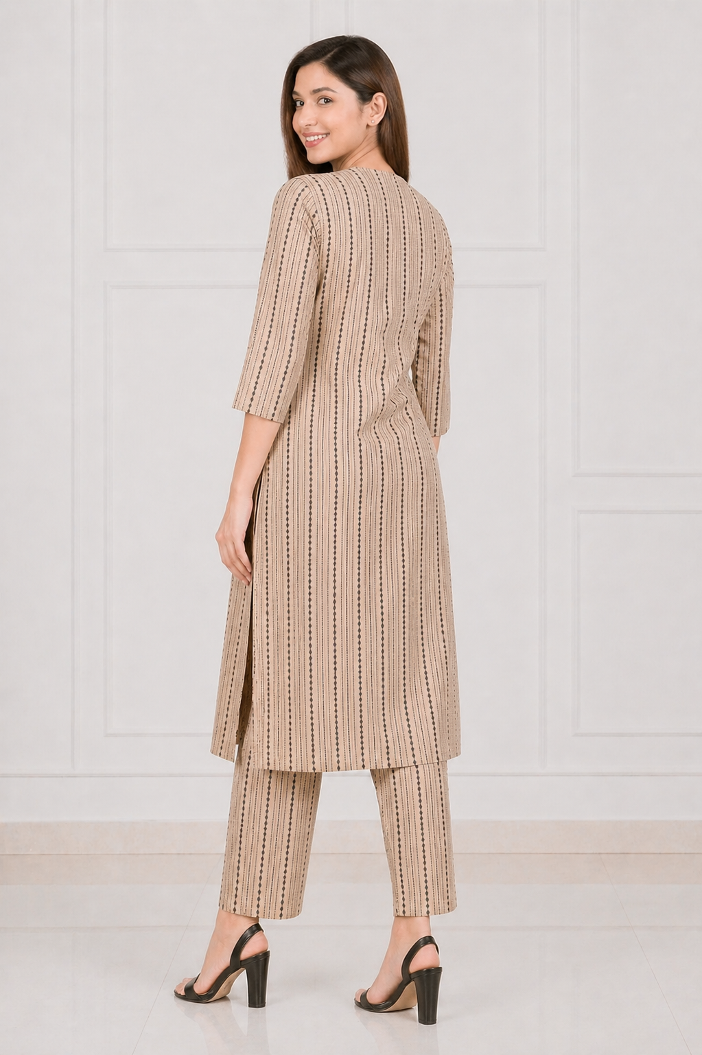 Women's Beige Striped Kurta Pant Set