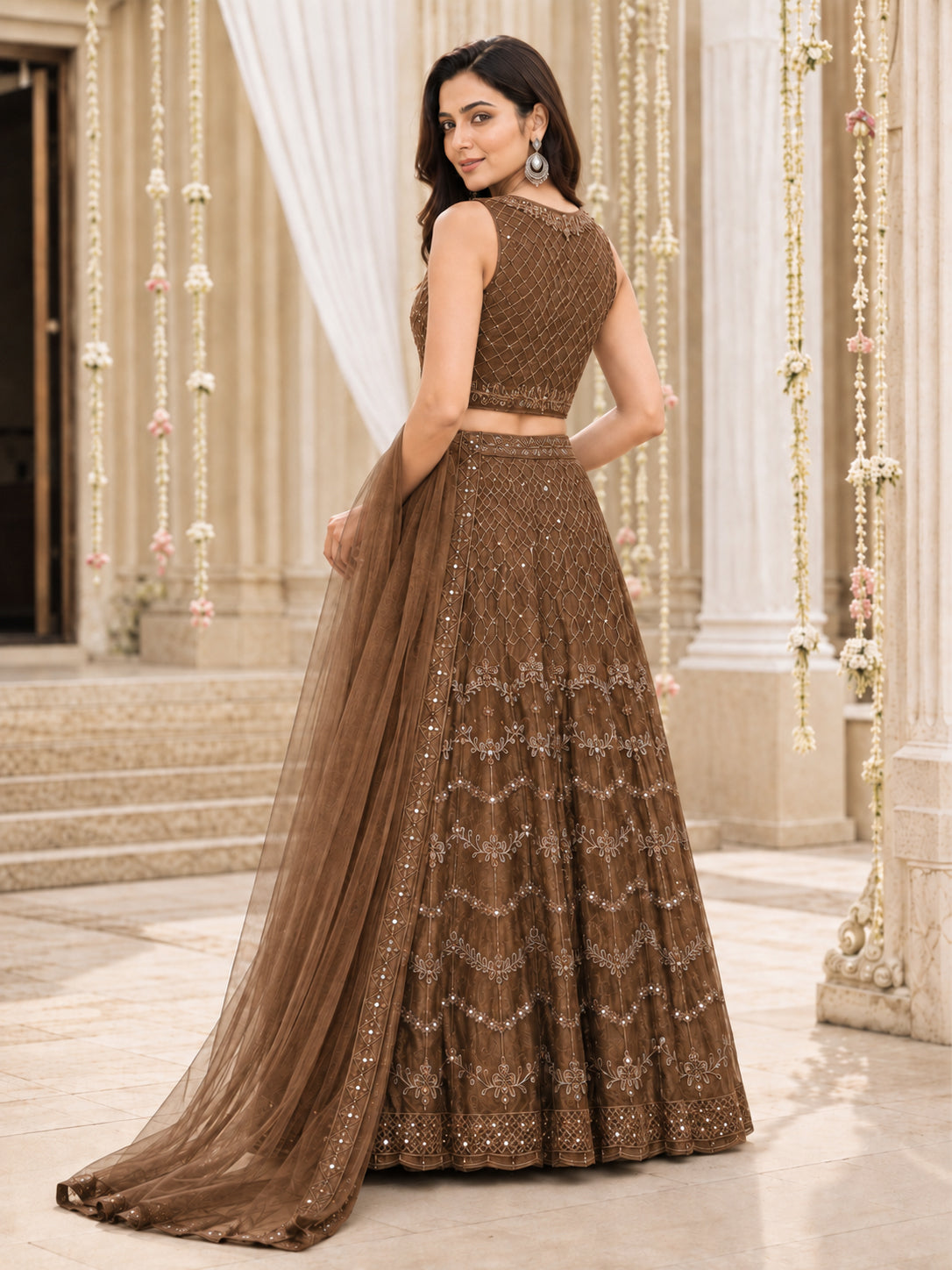 Brown Embroidered Net Lehenga Choli Set with Dupatta