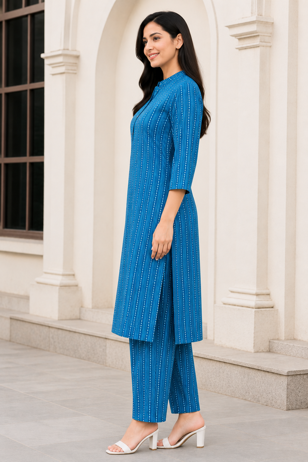 Women's Beige Striped Kurta Pant Set -Blue