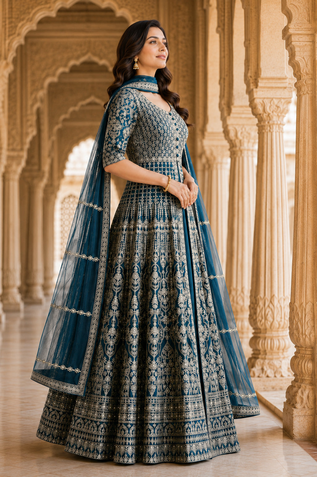 Teal Gold Embroidered Anarkali Set with Dupatta