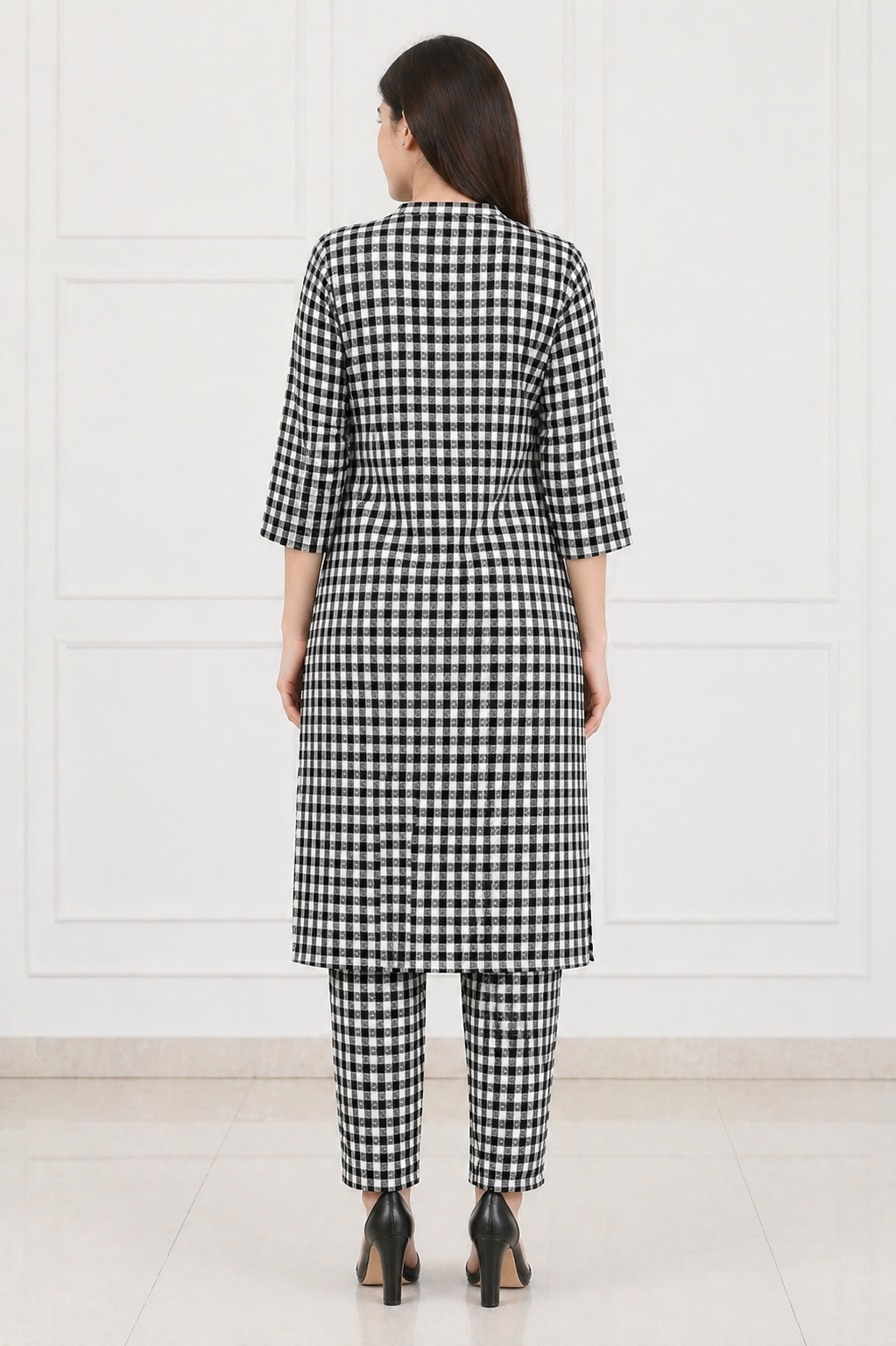 Women's Black & White Checked Kurta Pant Co-Ord Set