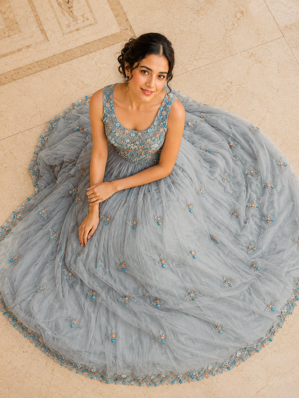 Silver Grey Embellished Net Gown