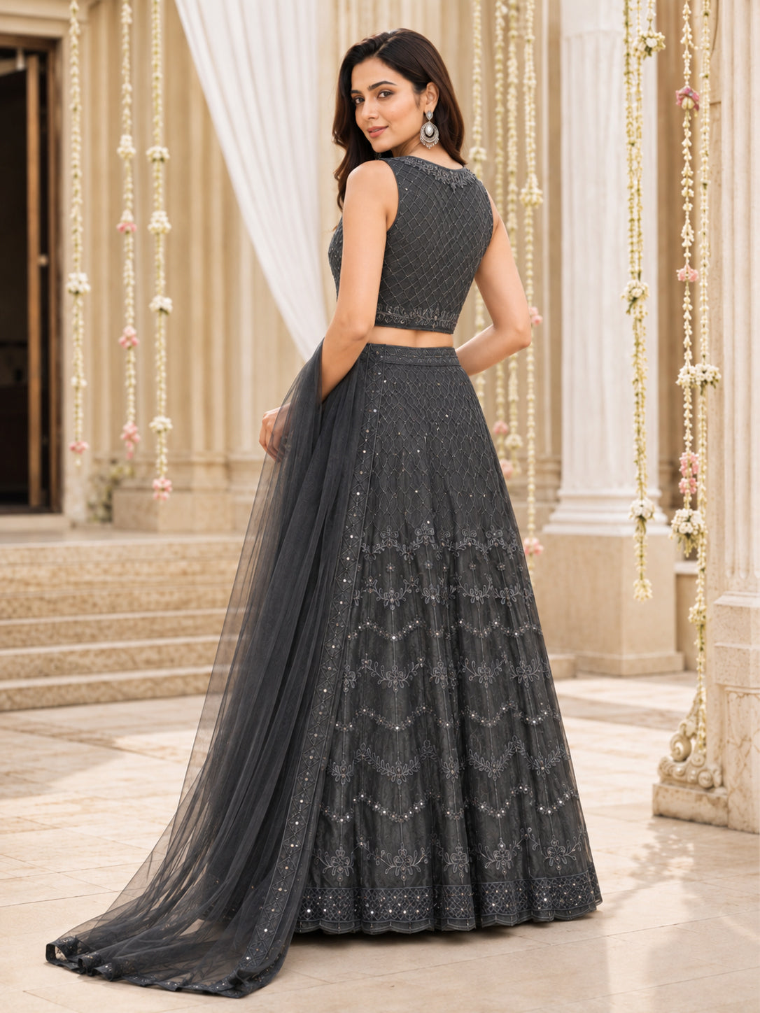 Charcoal Grey Embroidered Net Lehenga Choli Set with Dupatta