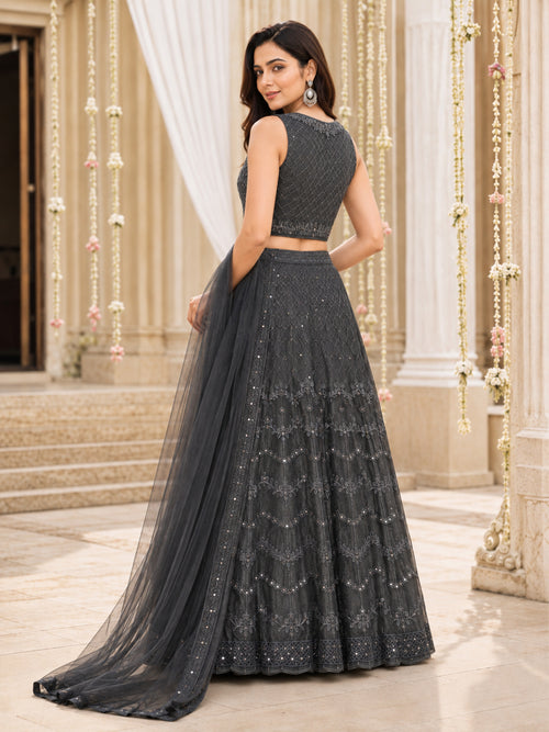Charcoal Grey Embroidered Net Lehenga Choli Set with Dupatta