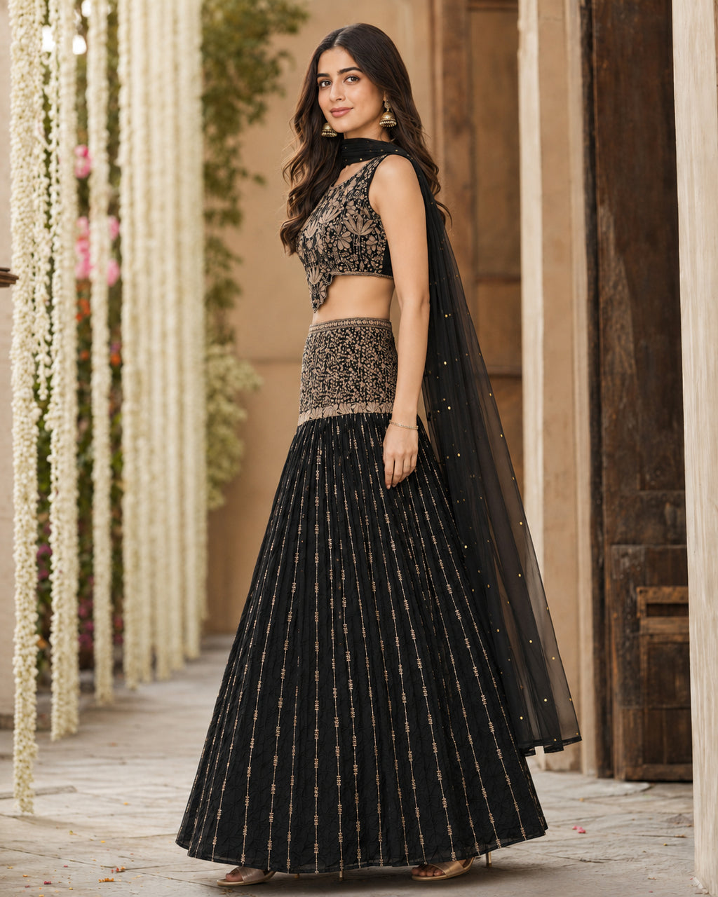 Black & Antique Gold Embellished Lehenga Choli with Dupatta -Large