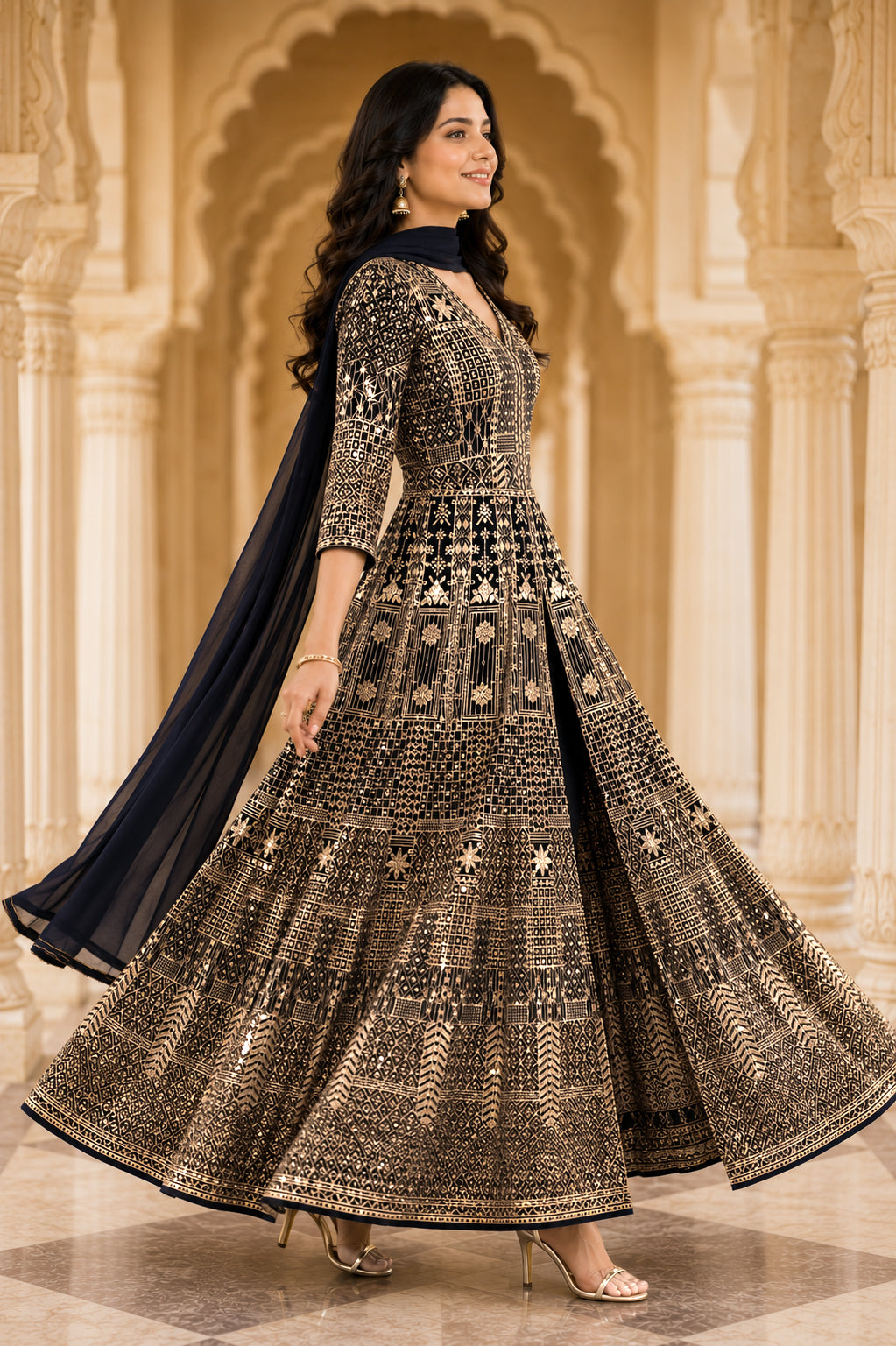Navy & Antique Gold Embroidered Jacket Kurta Set with Dupatta