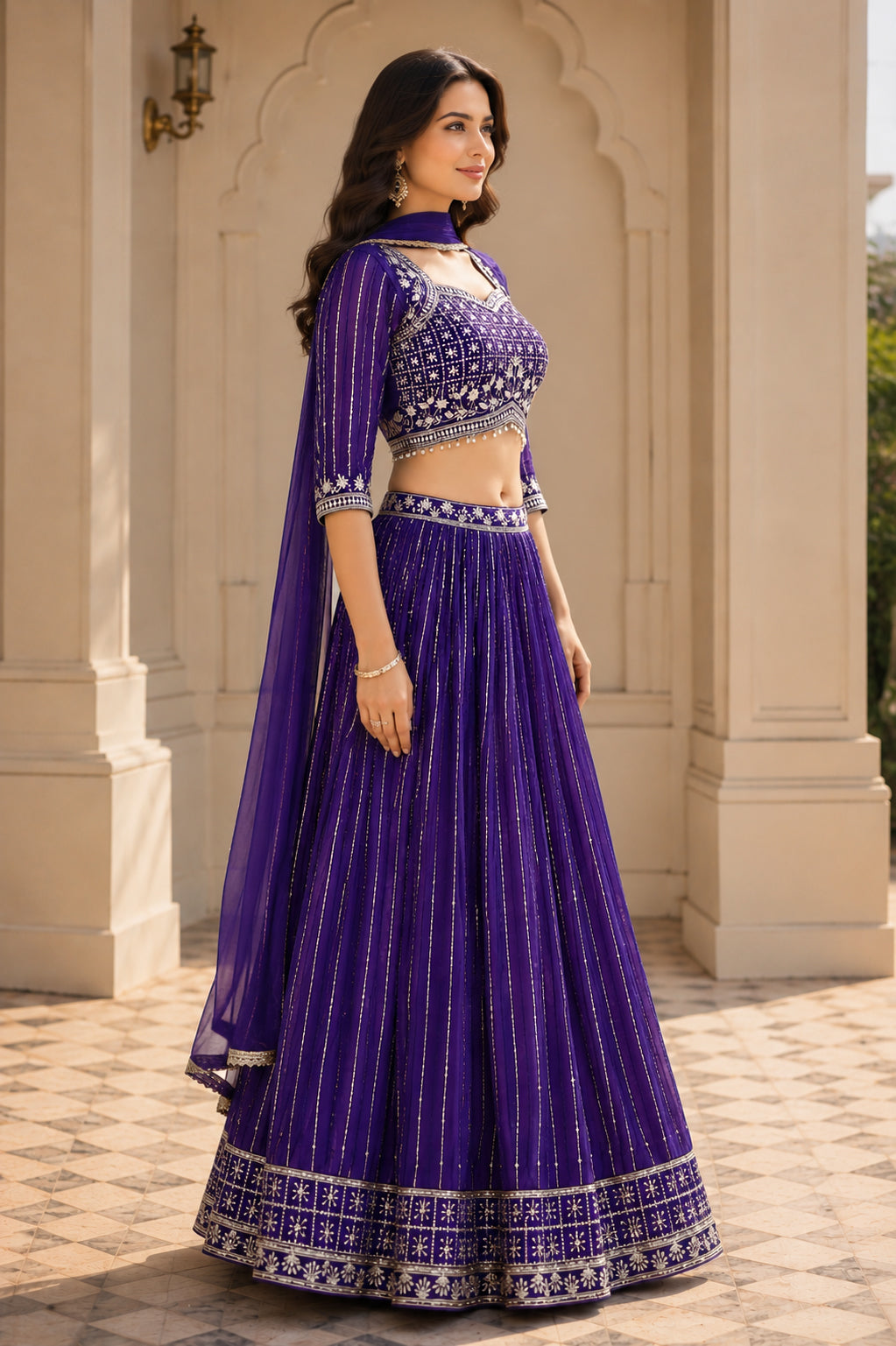 Embroidered Lehenga Choli Set with Dupatta - Violet