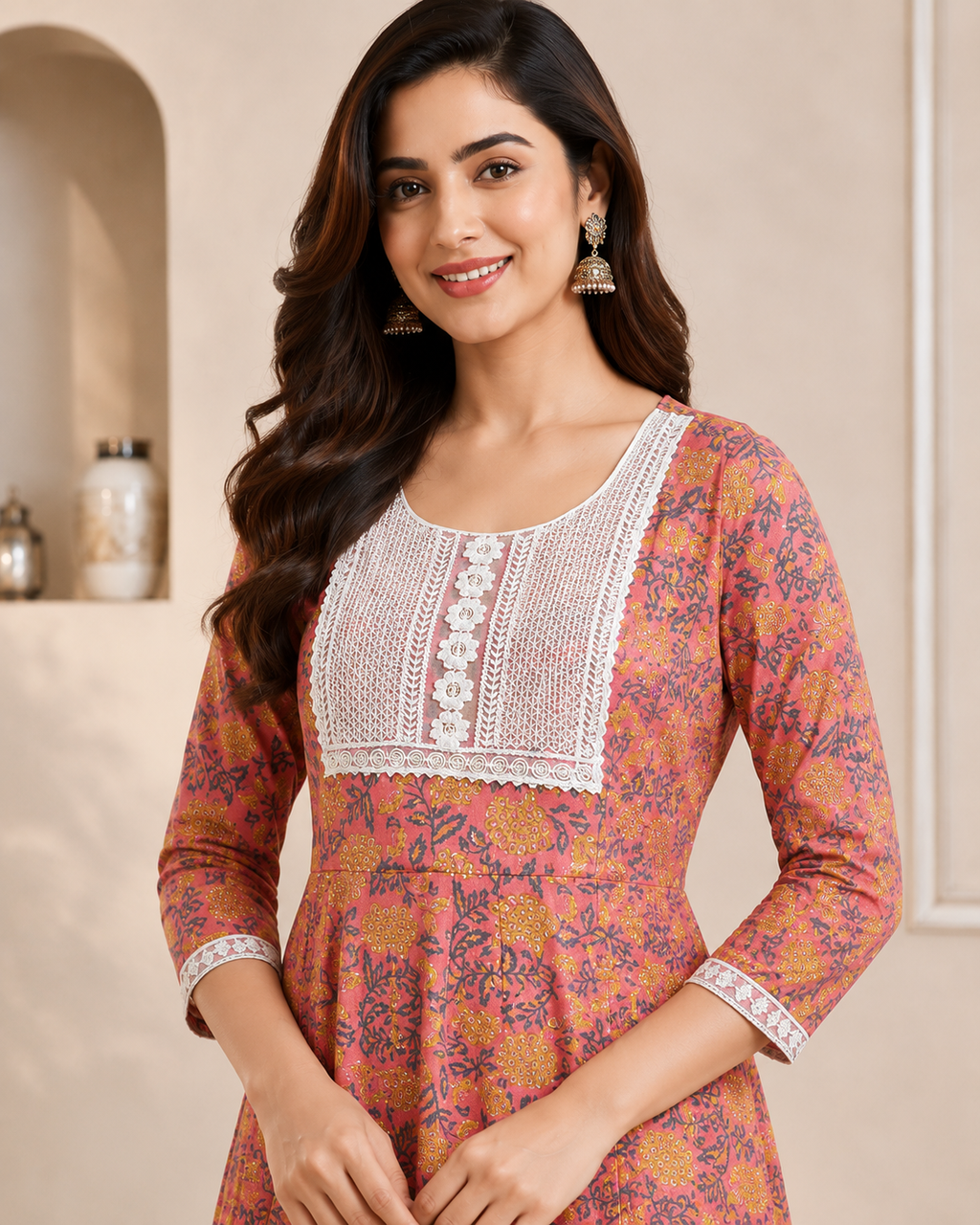 Coral Pink Floral Anarkali Kurti Set