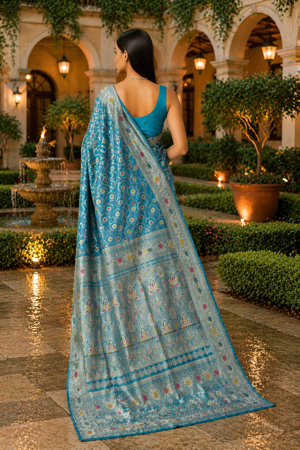 Teal Blue Minakari Banarasi Silk Saree