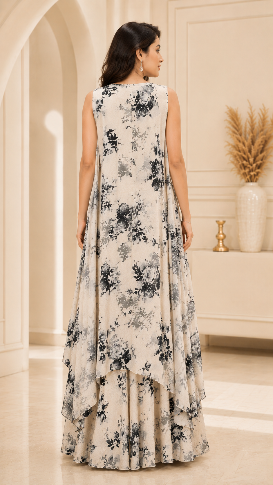 Ivory Floral Printed Crop Top & Palazzo Set with Cape