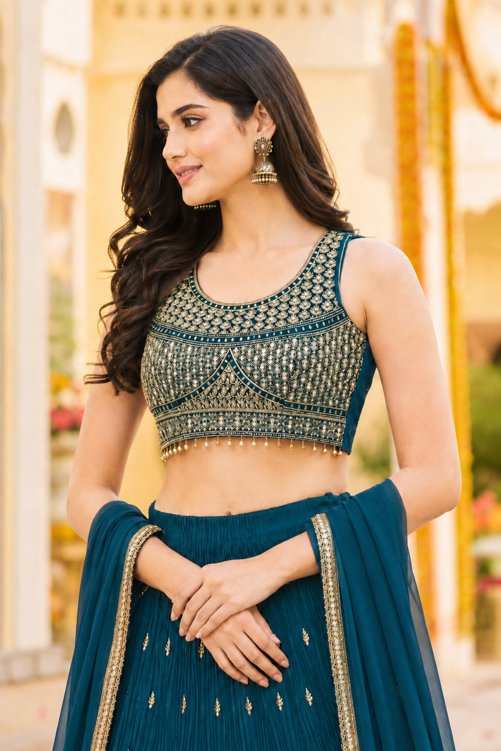 Teal Blue Embroidered Festive Lehenga Choli Set with Dupatta
