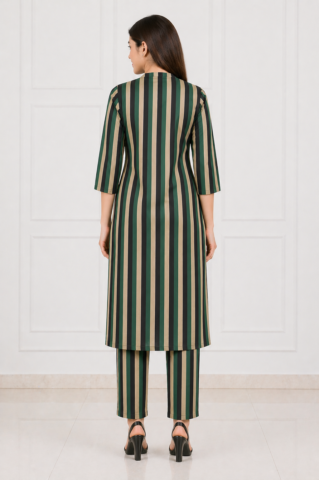 Women's Green & Beige Striped Kurta Pant Co-Ord Set