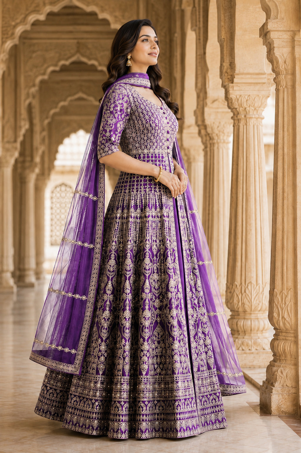 Violet Gold Embroidered Anarkali Set with Dupatta