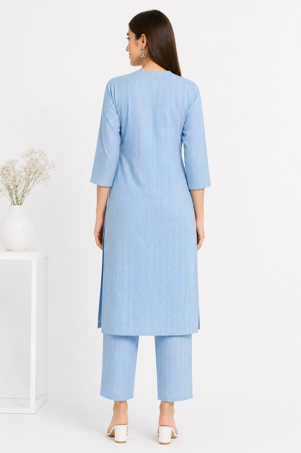 Women's Sky Blue Striped Kurta Pant Set