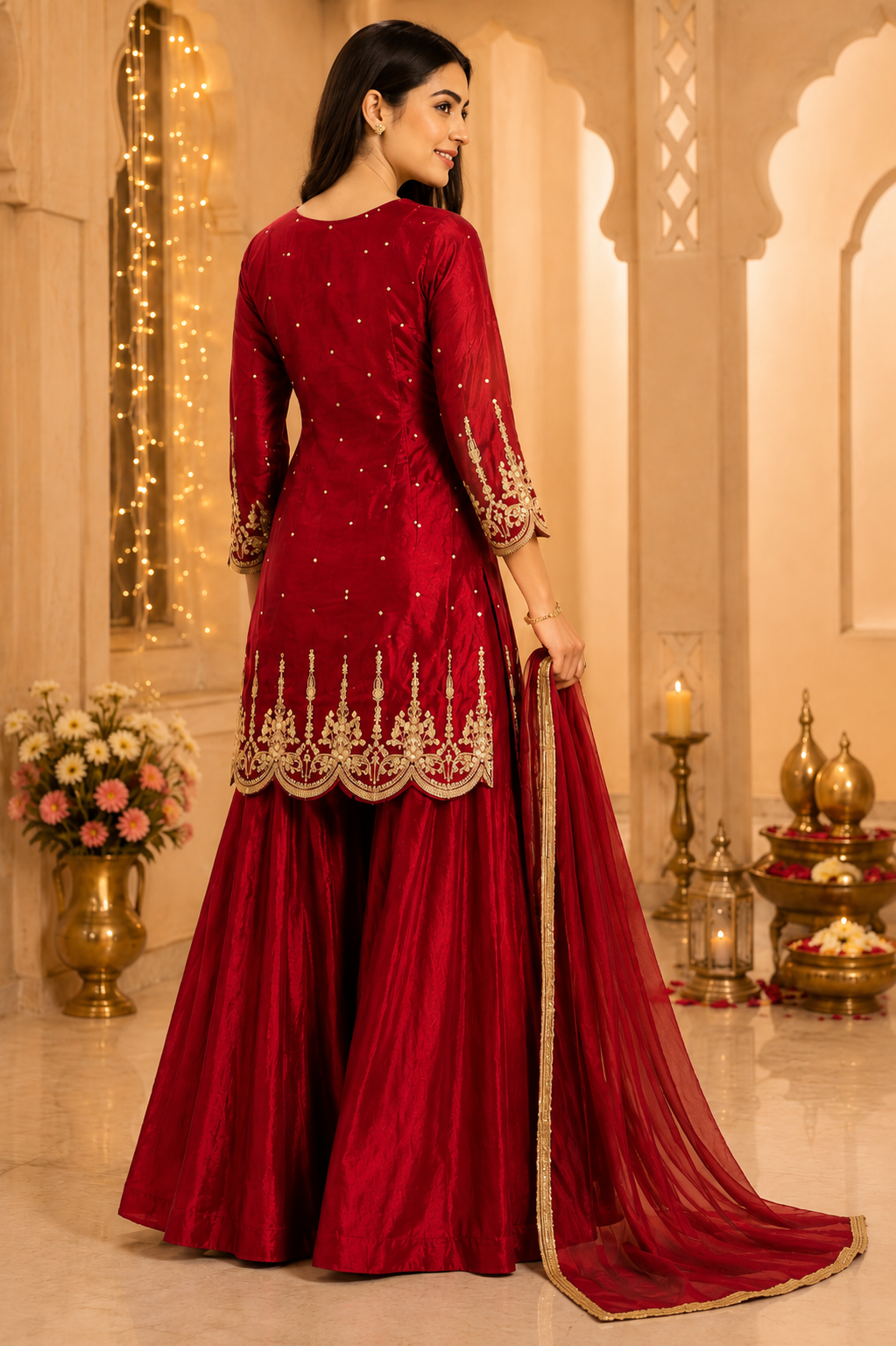 Ruby Red Gold Embroidered Kurta Sharara Set with Dupatta - M