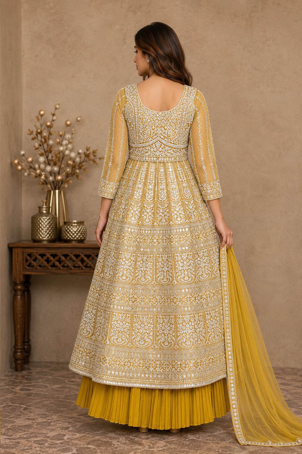 Yellow Embroidered Anarkali Kurta Set with Pleated Skirt & Organza Dupatta