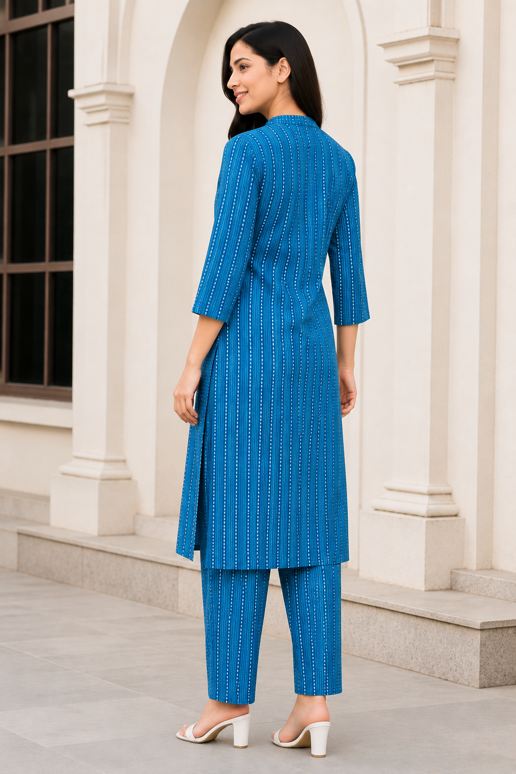 Women's Beige Striped Kurta Pant Set -Blue