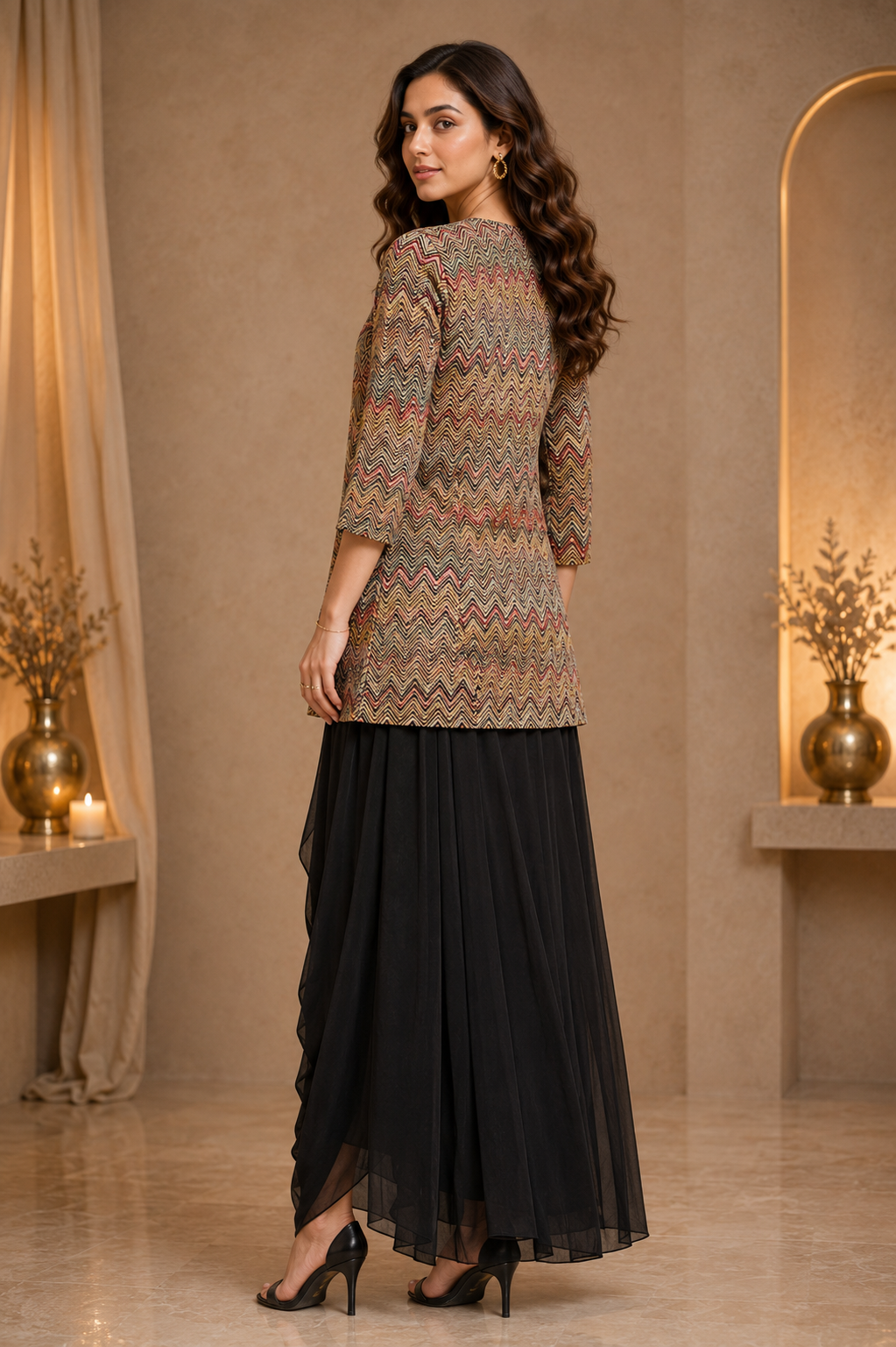 Black Draped Skirt Set with Chevron Crop Top & Jacket