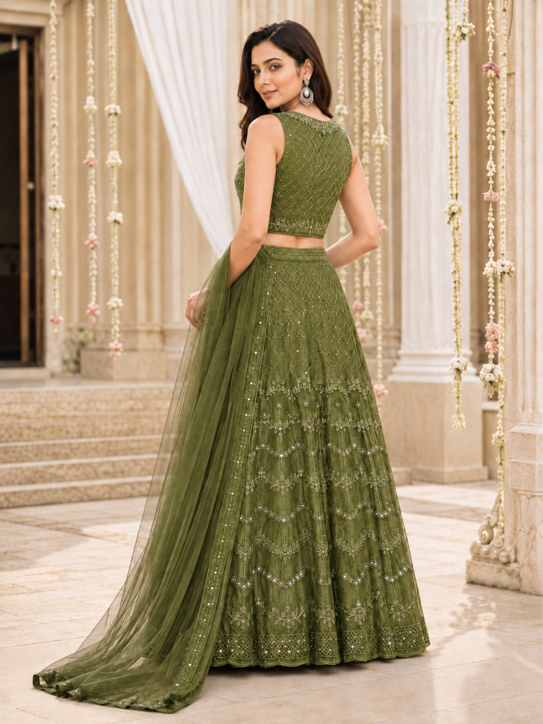 Green Embroidered Net Lehenga Choli Set with Dupatta