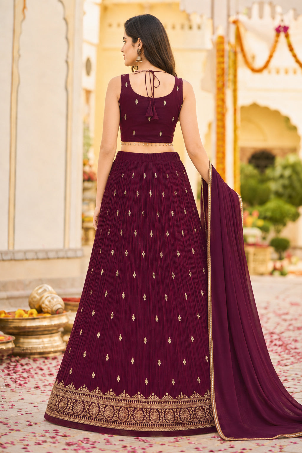 Burgandy Embroidered Festive Lehenga Choli Set with Dupatta