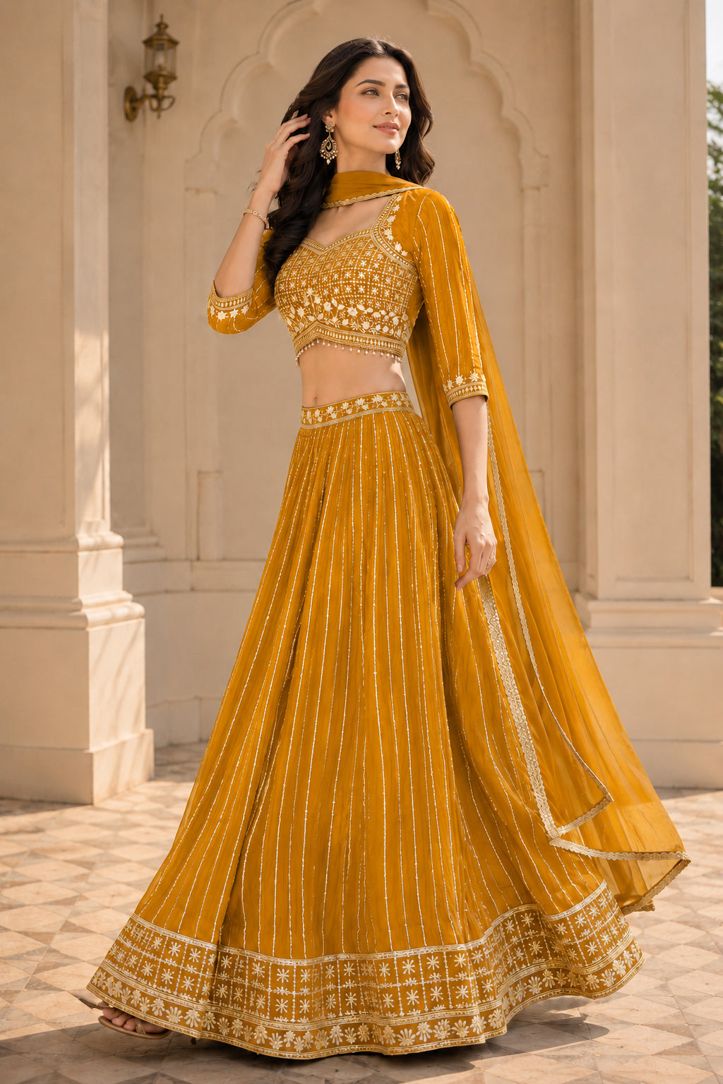 Embroidered Lehenga Choli Set with Dupatta - Yellow