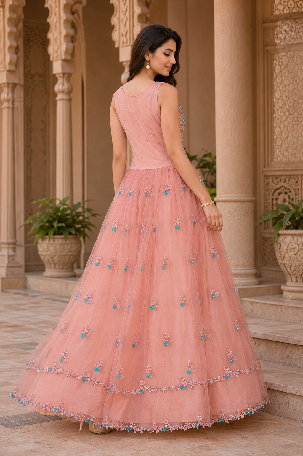 Blush Peach Embellished Net Gown