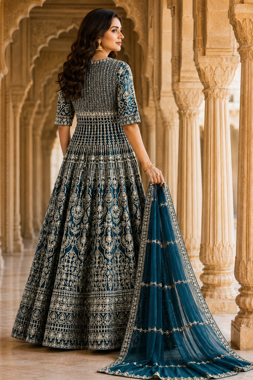Teal Gold Embroidered Anarkali Set with Dupatta