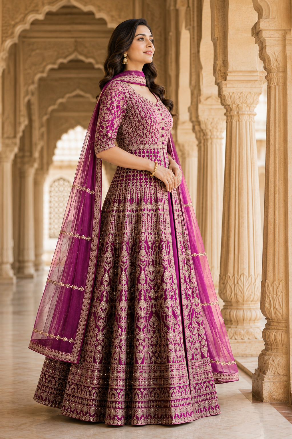 Magenta Gold Embroidered Anarkali Set with Dupatta