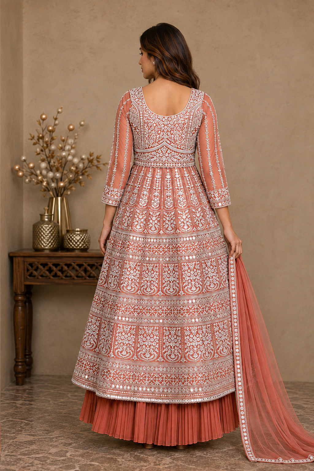 Terracotta Orange Embroidered Anarkali Kurta Set with Pleated Skirt & Organza Dupatta