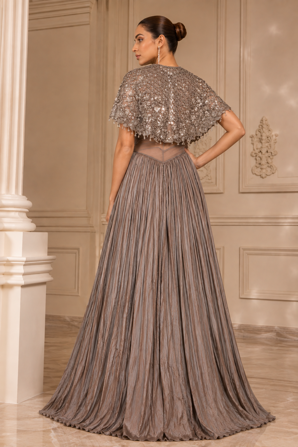 Taupe Grey Embellished Cape Style Party Gown