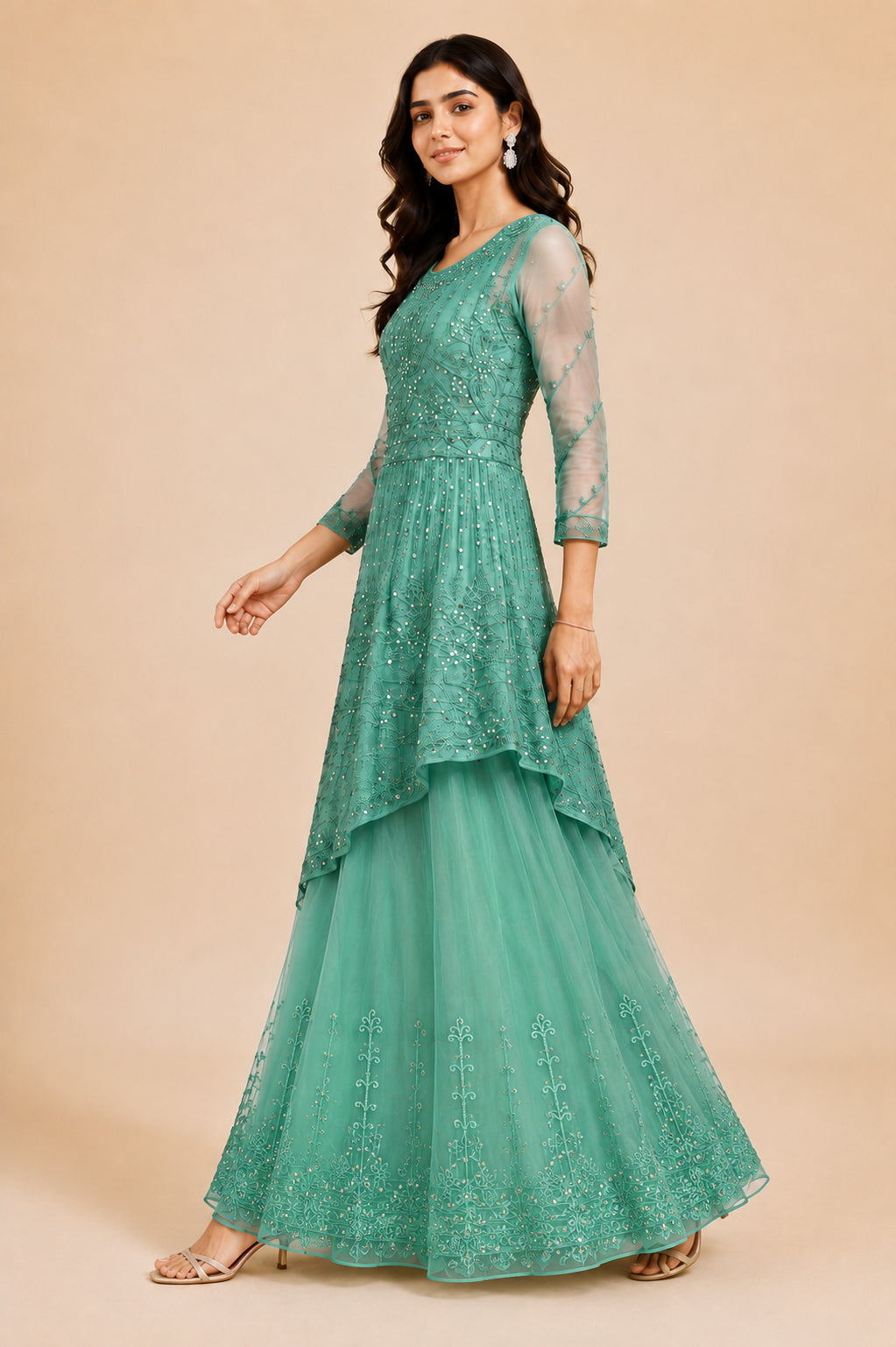 Embroidered Asymmetric Kurta & Flared Skirt