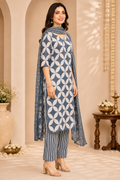 Women's White & Grey Printed Kurta Pant & Dupatta Set
