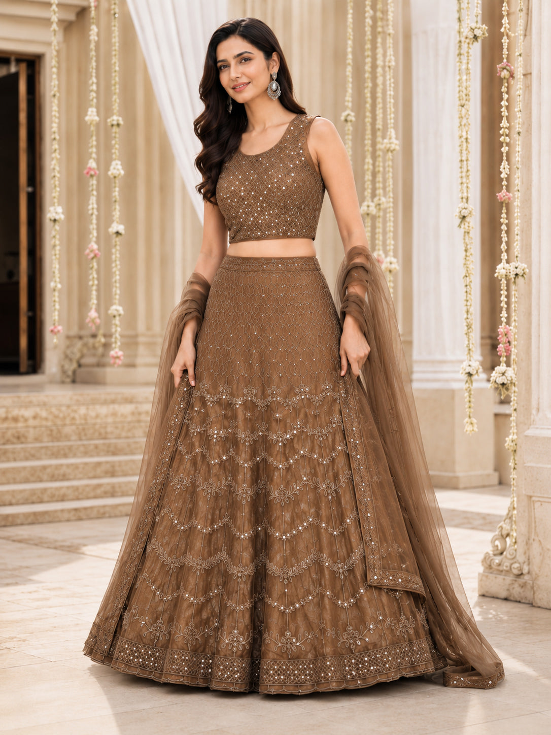 Brown Embroidered Net Lehenga Choli Set with Dupatta