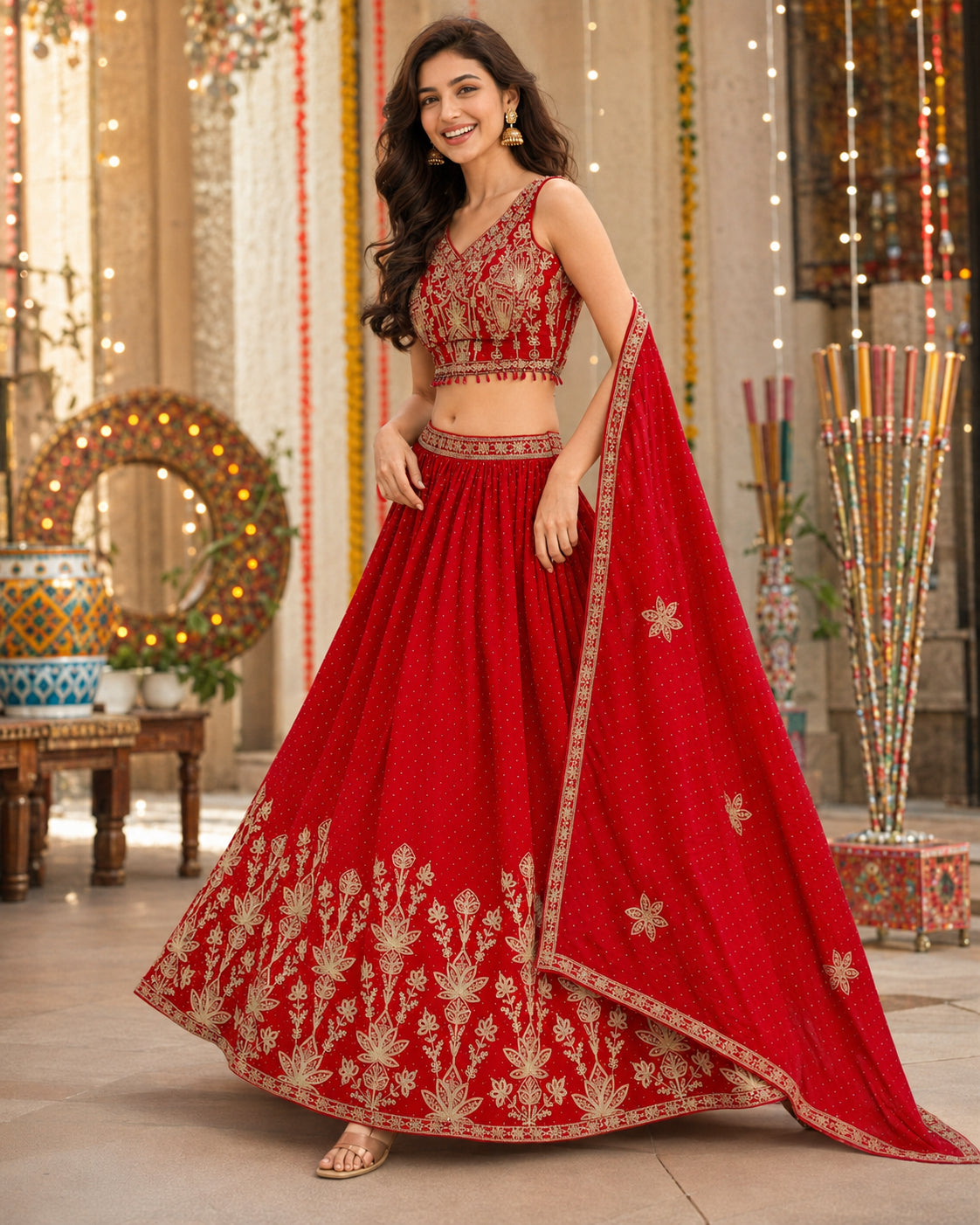 Red Gold Embroidered Lehenga Choli Set with Dupatta
