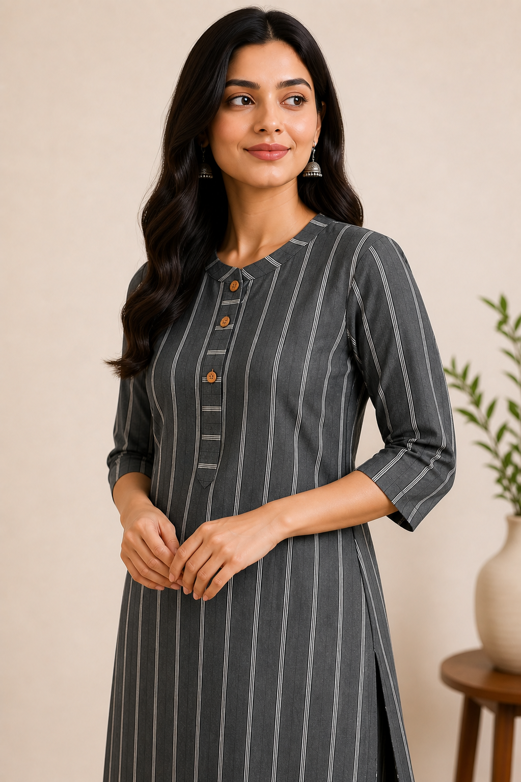 Women's Charcoal Grey Striped Kurta Pant Set