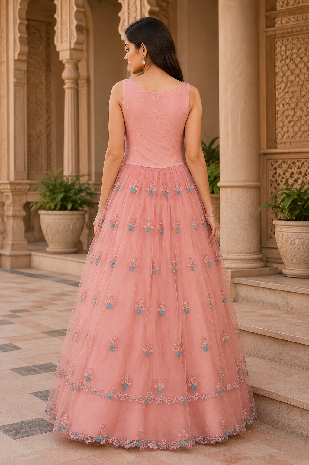 Blush Peach Embellished Net Gown