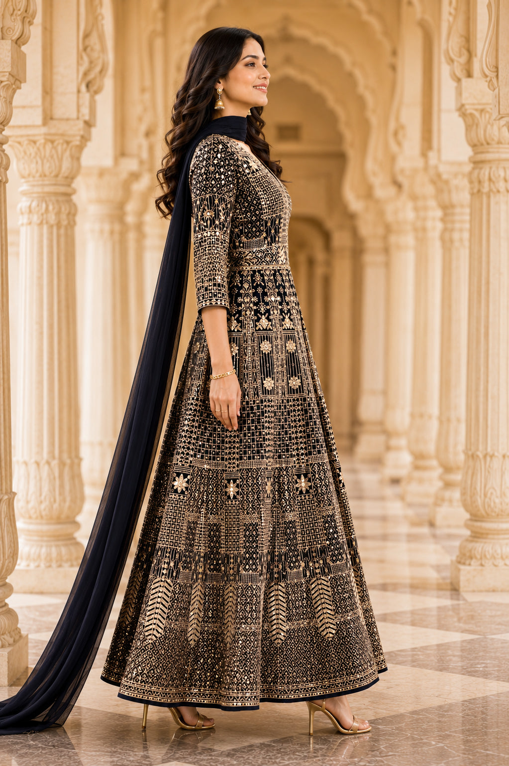 Navy & Antique Gold Embroidered Jacket Kurta Set with Dupatta