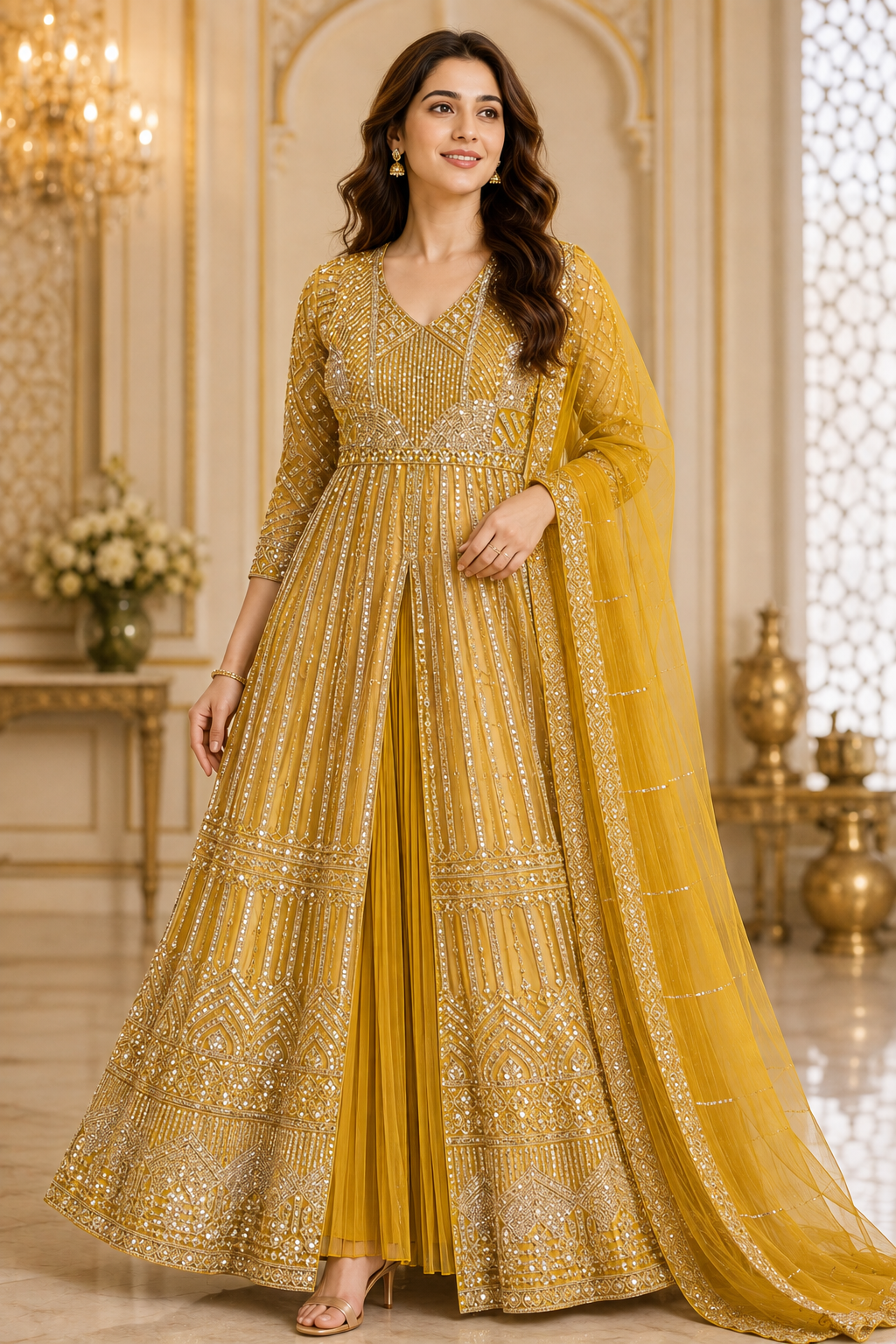 Yellow Mirror-Embroidered Anarkali Set with Dupatta