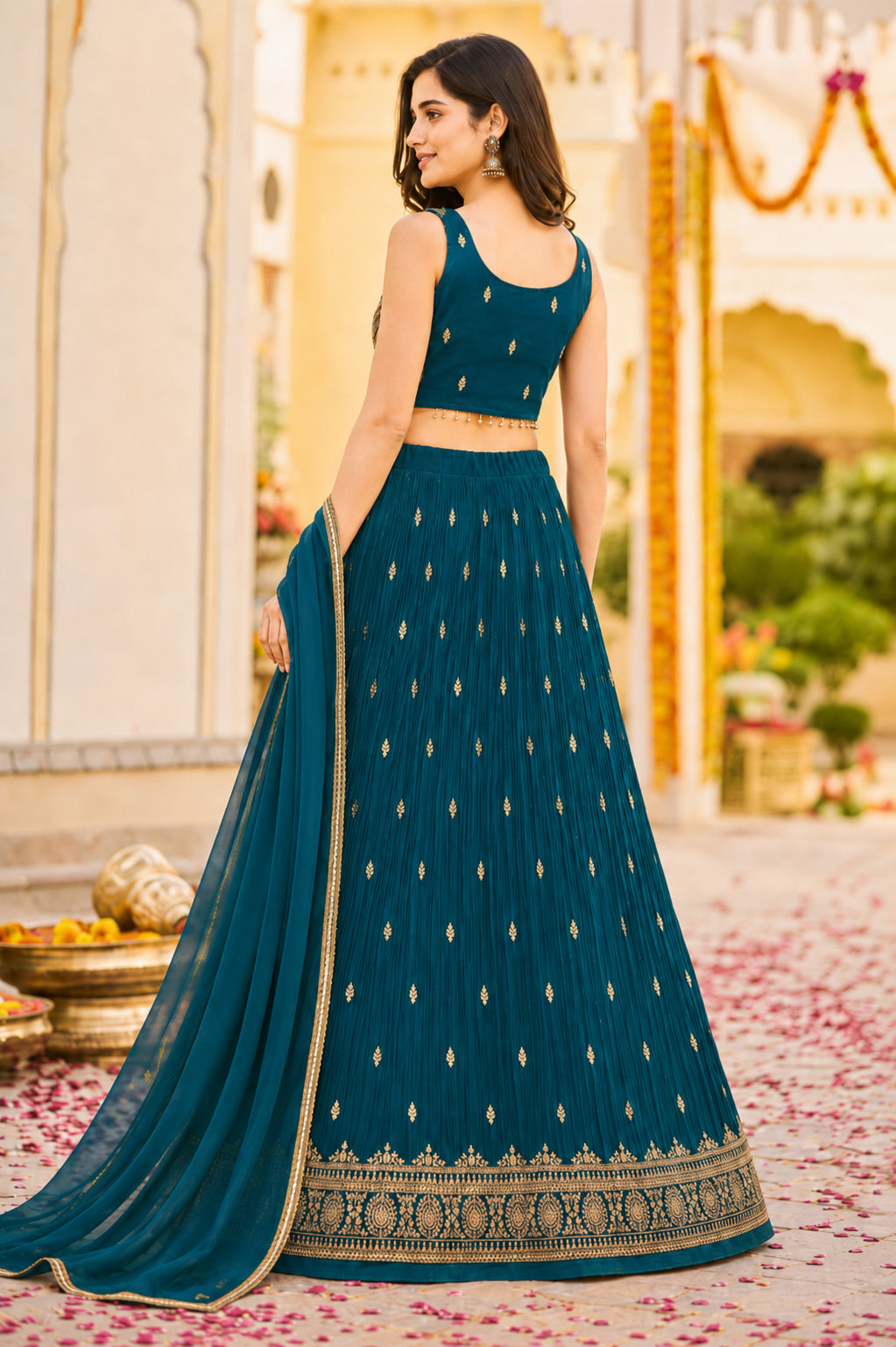 Teal Blue Embroidered Festive Lehenga Choli Set with Dupatta