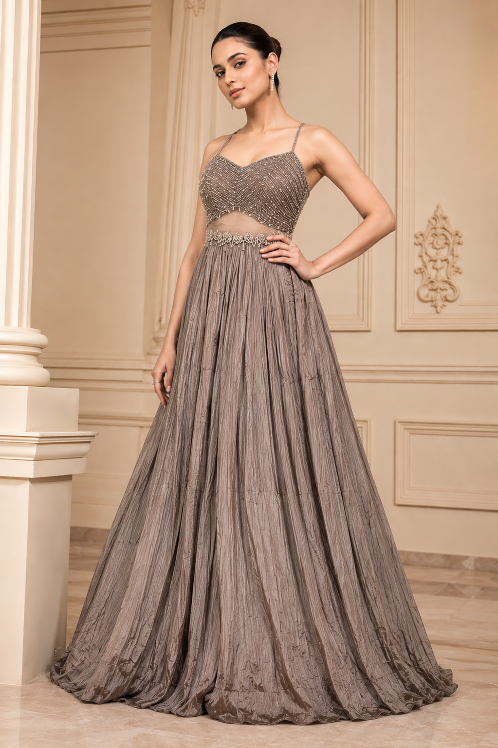Taupe Grey Embellished Cape Style Party Gown