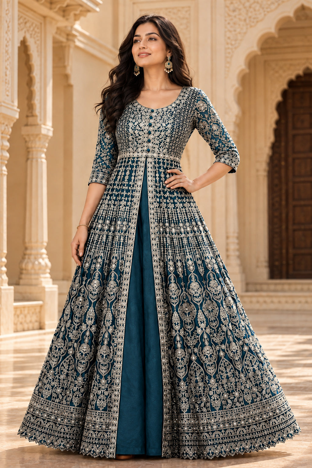 Teal Gold Embroidered Anarkali Set with Dupatta