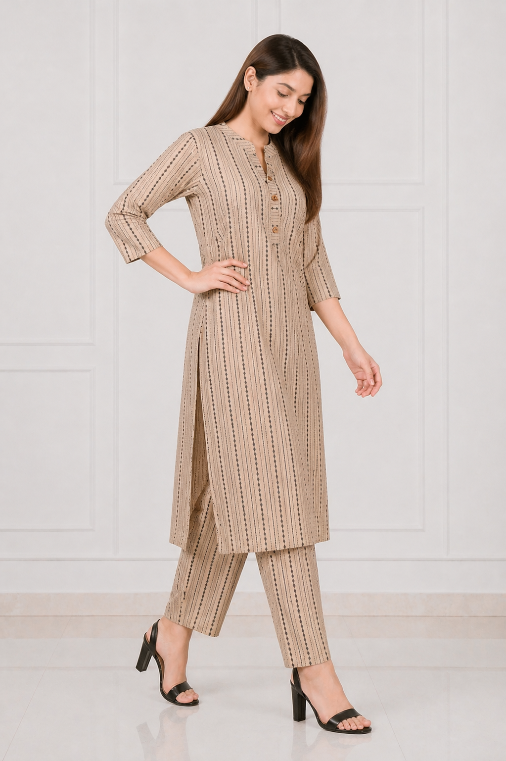 Women's Beige Striped Kurta Pant Set