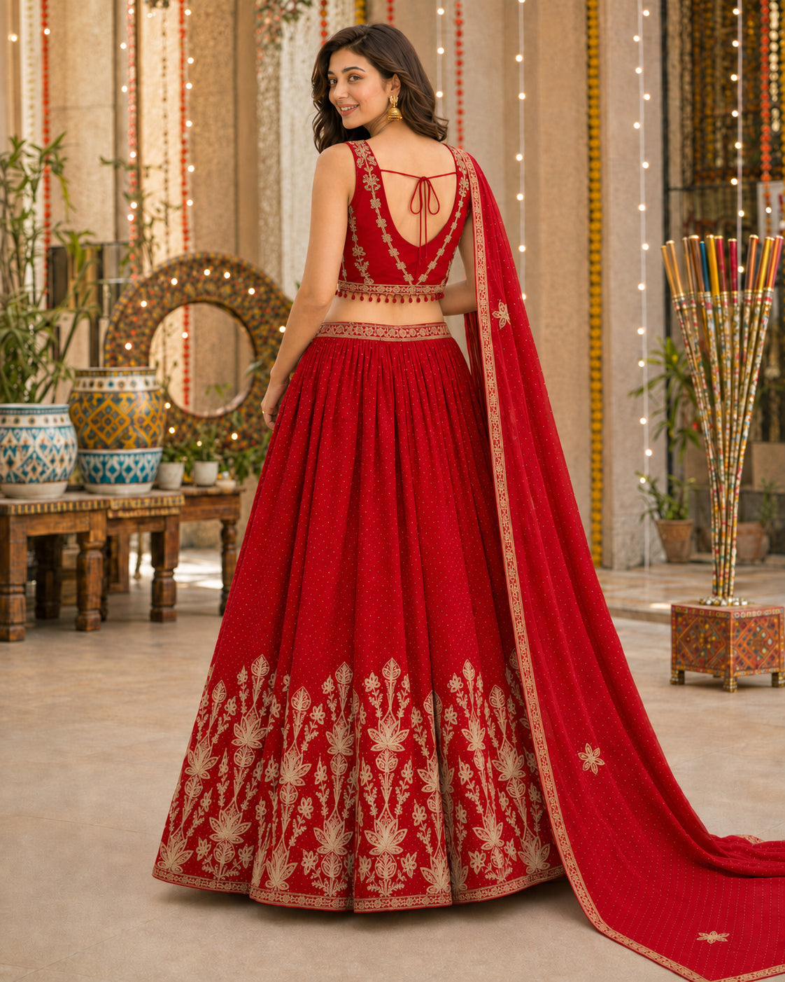 Red Gold Embroidered Lehenga Choli Set with Dupatta