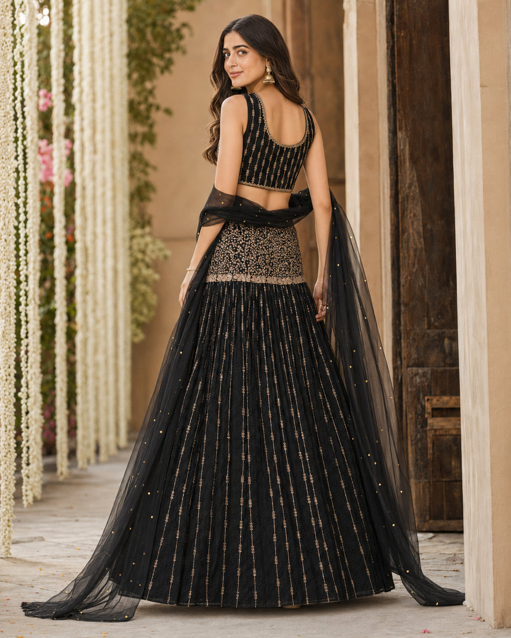 Black & Antique Gold Embellished Lehenga Choli with Dupatta -Large