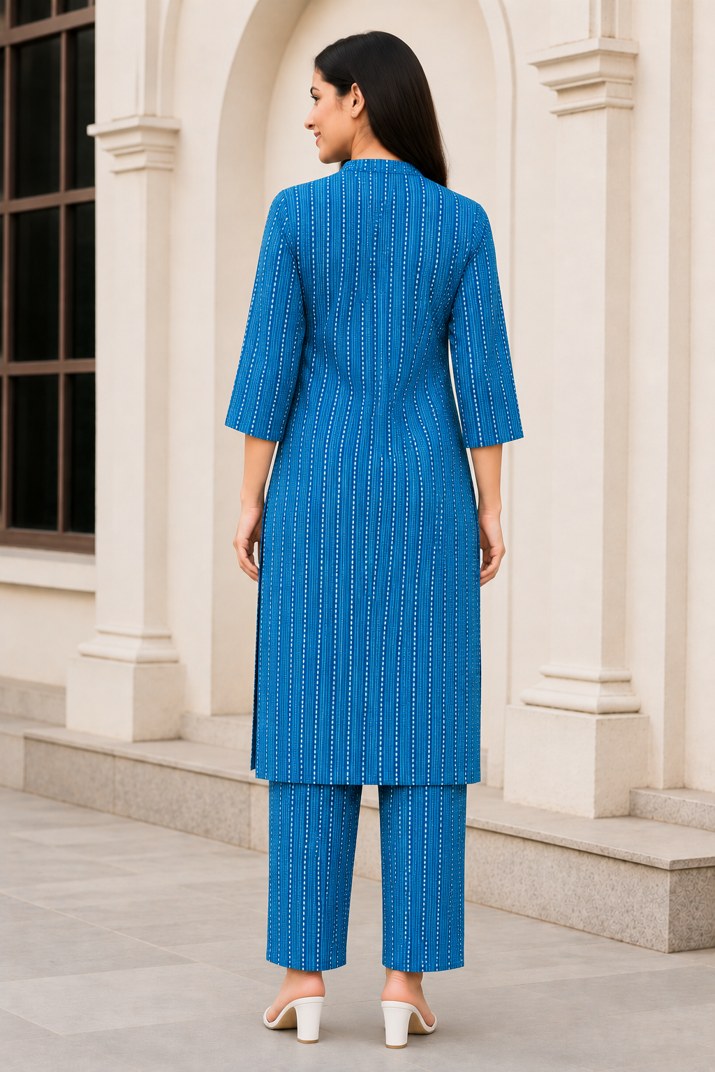 Women's Beige Striped Kurta Pant Set -Blue