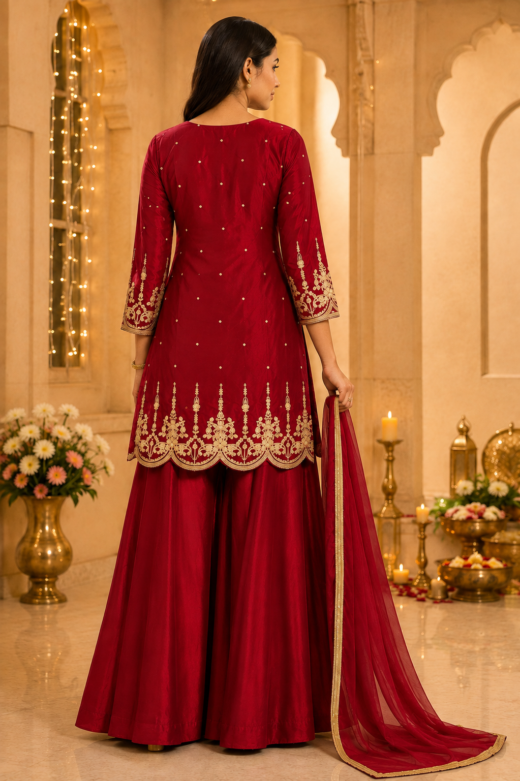 Ruby Red Gold Embroidered Kurta Sharara Set with Dupatta - M